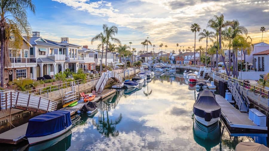 Long Beach harbor and marina at golden hour