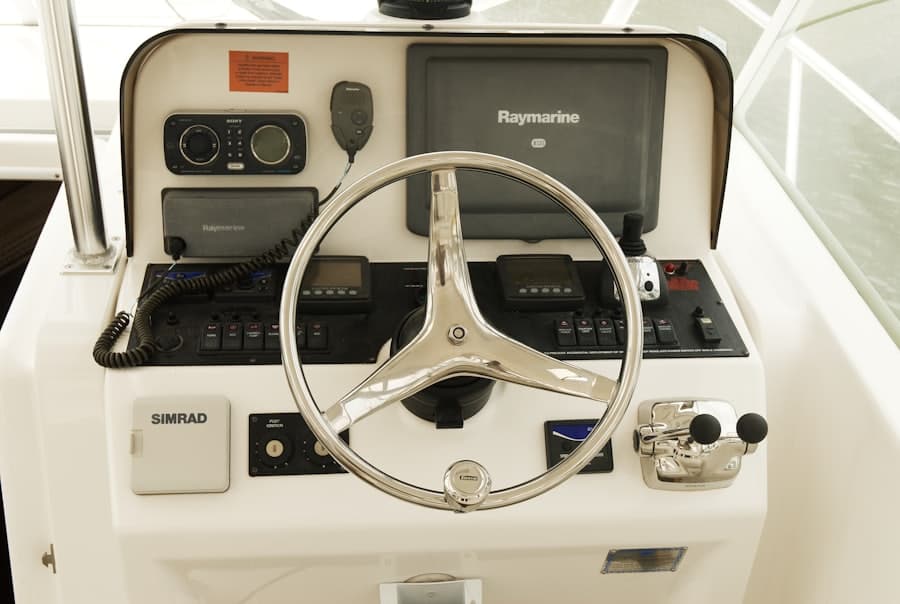 The helm of a well-kept yacht